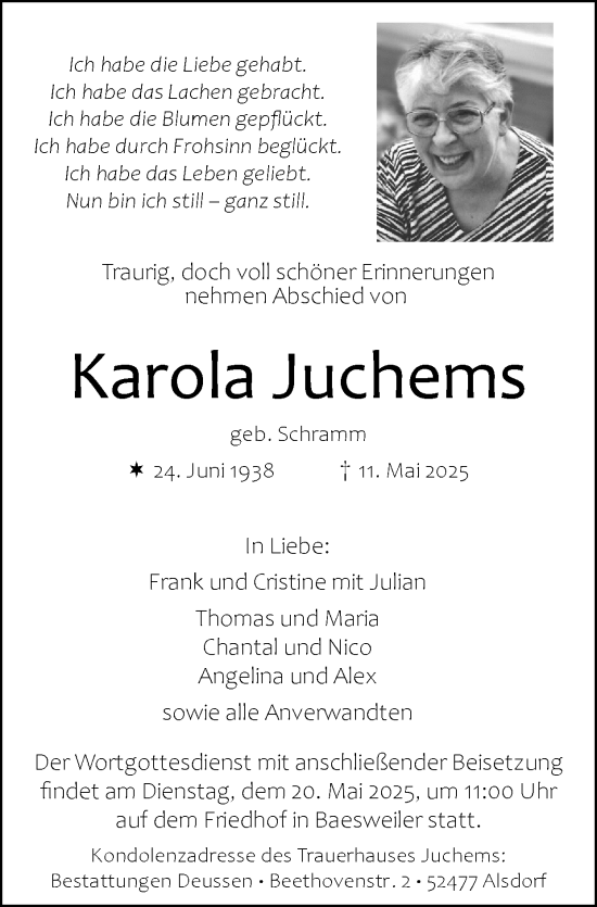Traueranzeige von Karola Juchems von Zeitung am Sonntag
