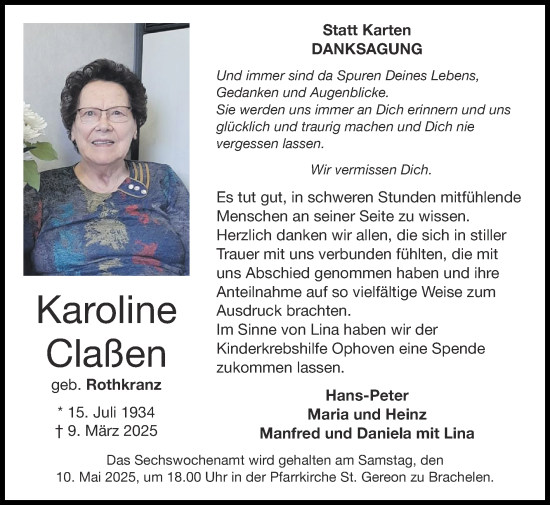 Traueranzeige von Karoline Claßen von Zeitung am Sonntag
