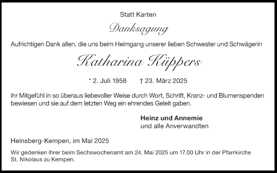 Traueranzeige von Katharina Küppers von Zeitung am Sonntag
