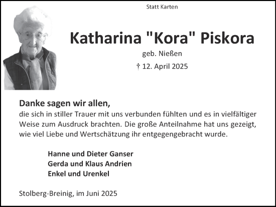 Traueranzeige von Katharina Piskora von Zeitung am Sonntag