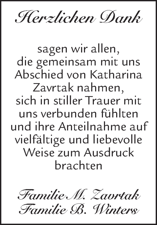 Traueranzeige von Katharina Zavrtak von Zeitung am Sonntag