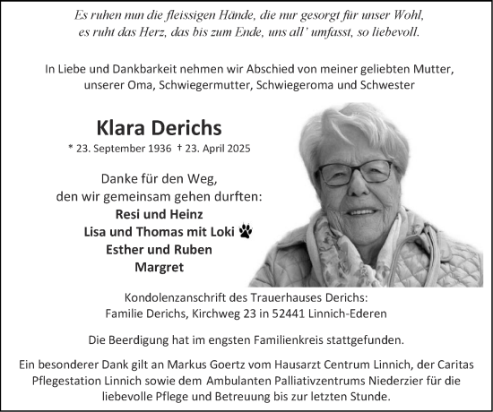Traueranzeige von Klara Derichs von Zeitung am Sonntag