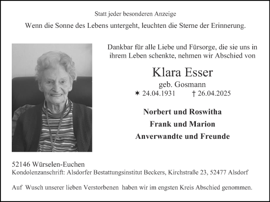 Traueranzeige von Klara Esser von Zeitung am Sonntag