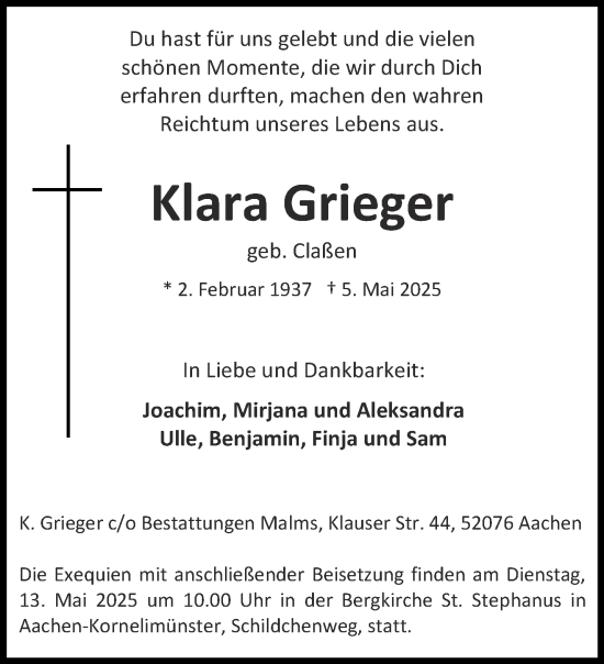 Traueranzeige von Klara Grieger von Aachener Zeitung