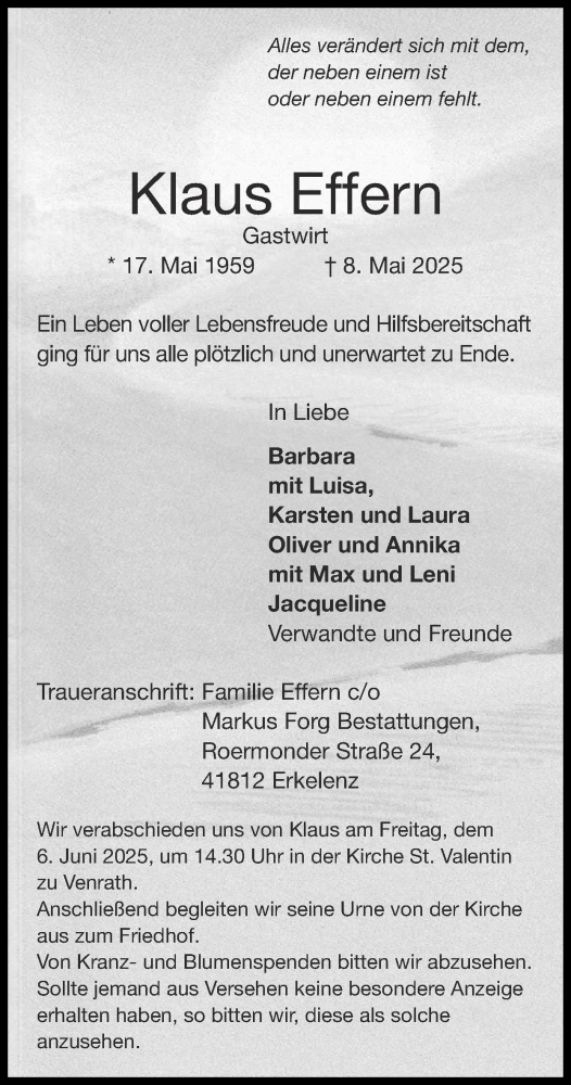Traueranzeige von Klaus Effern von Zeitung am Sonntag