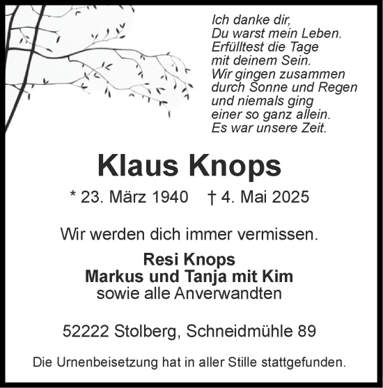 Traueranzeige von Klaus Knops von Zeitung am Sonntag