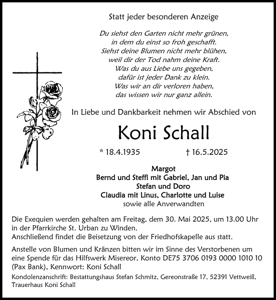 Traueranzeige von Koni Schall von Zeitung am Sonntag