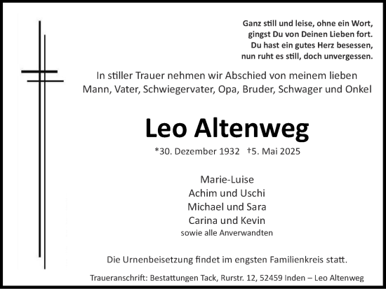 Traueranzeige von Leo Altenweg von Zeitung am Sonntag