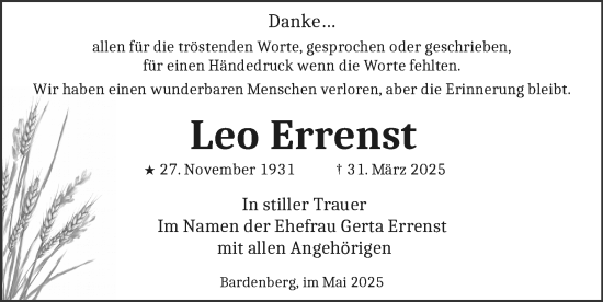 Traueranzeige von Leo Errenst von Zeitung am Sonntag