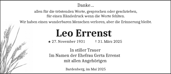 Traueranzeige von Leo Errenst von Aachener Zeitung