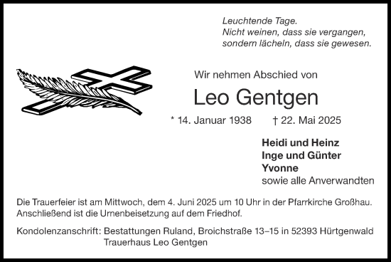 Traueranzeige von Leo Gentgen von Zeitung am Sonntag