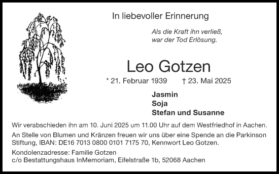 Traueranzeige von Leo Gotzen von Zeitung am Sonntag