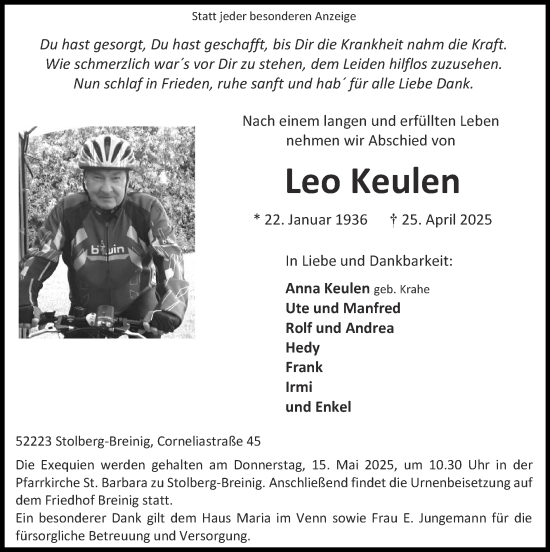Traueranzeige von Leo Keulen von Zeitung am Sonntag