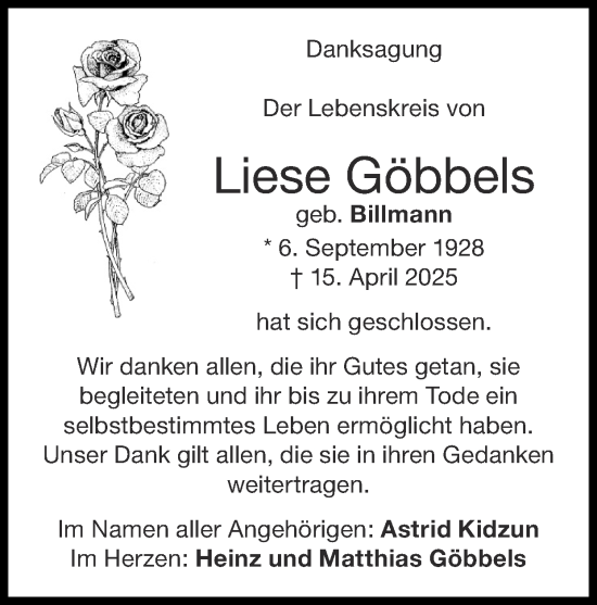 Traueranzeige von Liese Göbbels von Zeitung am Sonntag