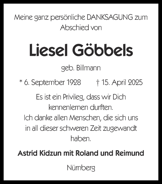 Traueranzeige von Liesel Göbbels von Zeitung am Sonntag