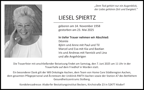 Traueranzeige von Liesel Spiertz von Zeitung am Sonntag