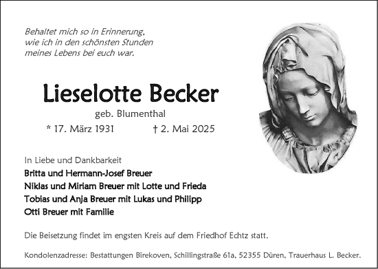 Traueranzeige von Lieselotte Becker von Zeitung am Sonntag