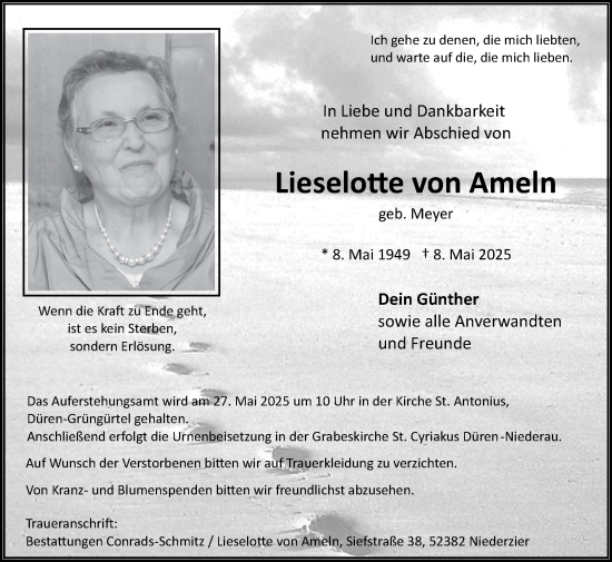 Traueranzeige von Lieselotte von Ameln von Zeitung am Sonntag