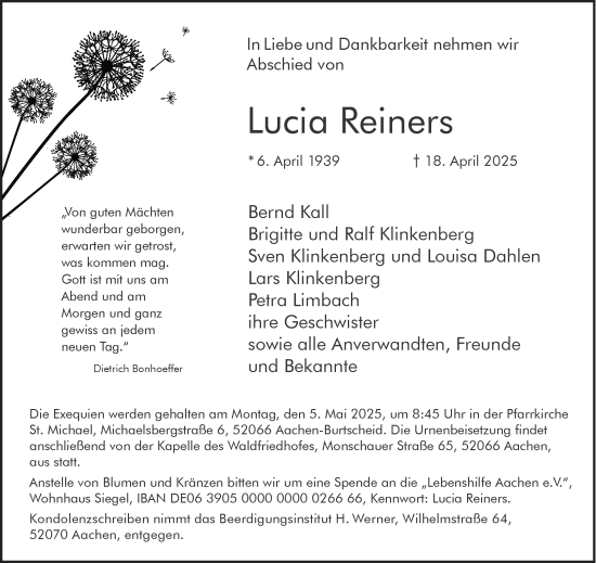 Traueranzeige von Lucia Reiners von Aachener Zeitung