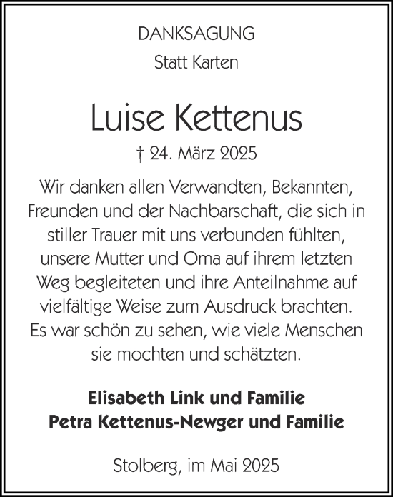 Traueranzeige von Luise Kettenus von Zeitung am Sonntag