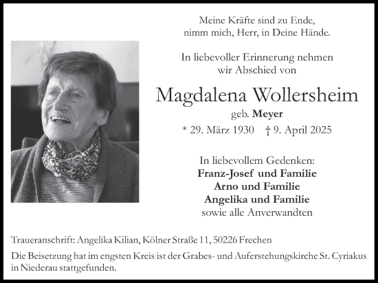 Traueranzeige von Magdalena Wollersheim von Zeitung am Sonntag