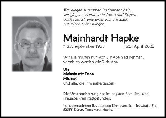 Traueranzeige von Mainhardt Hapke von Zeitung am Sonntag