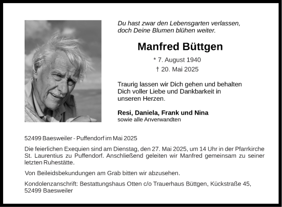 Traueranzeige von Manfred Büttgen von Aachener Zeitung
