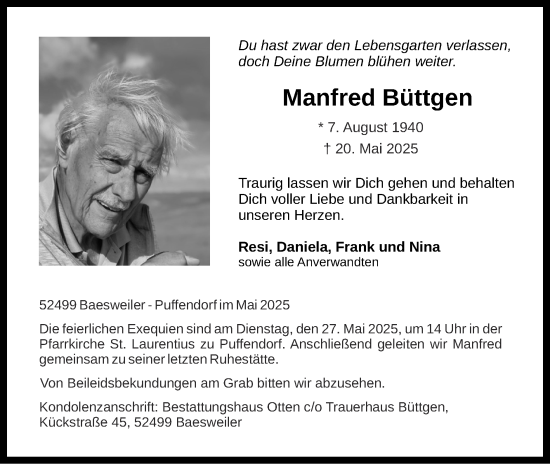 Traueranzeige von Manfred Büttgen von Zeitung am Sonntag