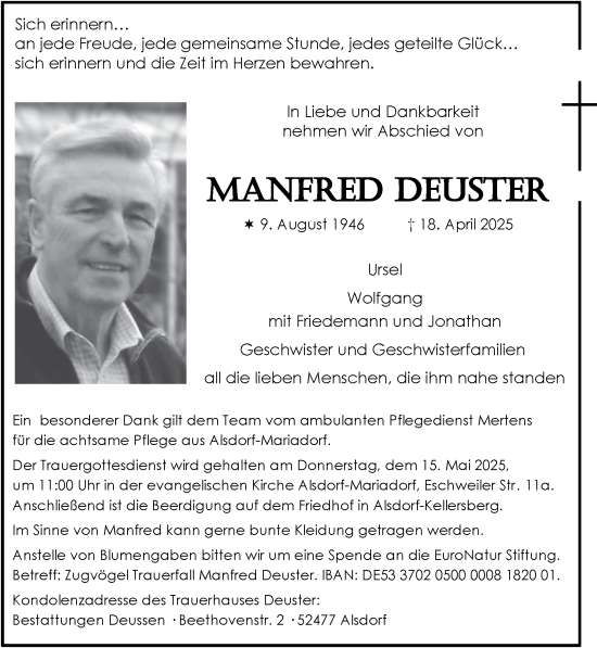 Traueranzeige von Manfred Deuster von Zeitung am Sonntag