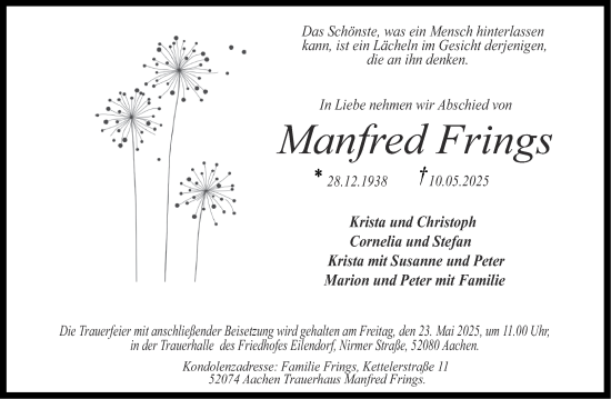 Traueranzeige von Manfred Frings von Aachener Zeitung