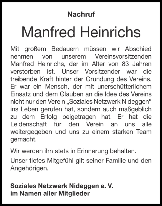 Traueranzeige von Manfred Heinrichs von Zeitung am Sonntag