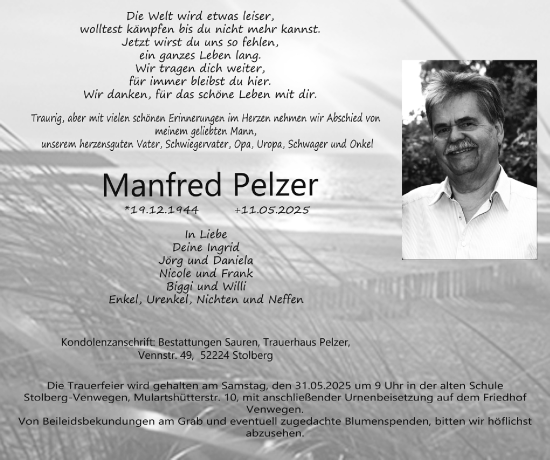 Traueranzeige von Manfred Pelzer von Zeitung am Sonntag