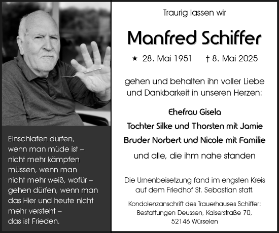 Traueranzeige von Manfred Schiffer von Zeitung am Sonntag