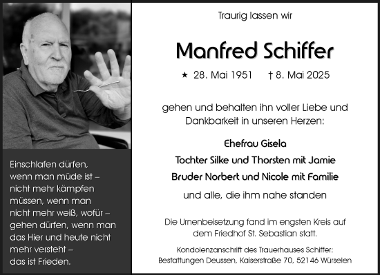 Traueranzeige von Manfred Schiffer von Aachener Zeitung