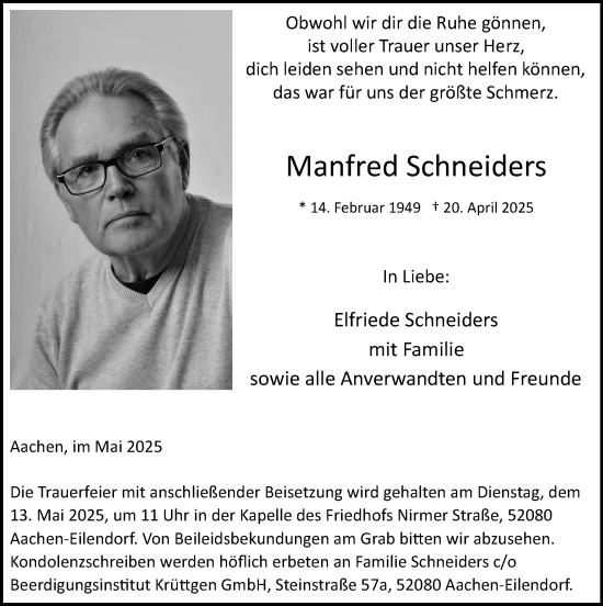 Traueranzeige von Manfred Schneiders von Zeitung am Sonntag