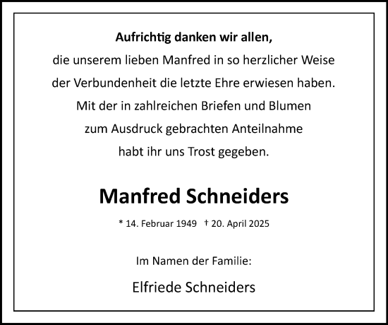 Traueranzeige von Manfred Schneiders von Zeitung am Sonntag