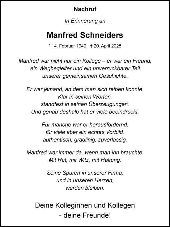 Traueranzeige von Manfred Schneiders von Zeitung am Sonntag