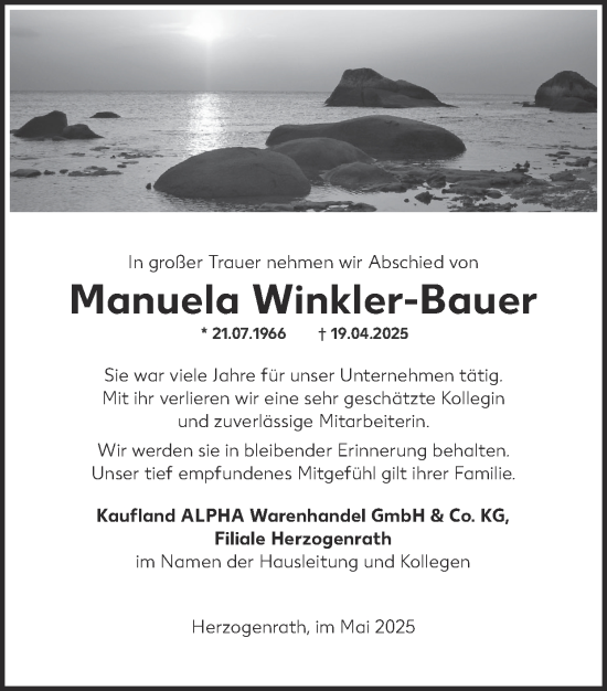 Traueranzeige von Manuela Winkler-Bauer von Zeitung am Sonntag