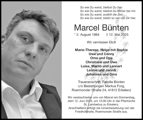 Traueranzeige von Marcel Bünten von Zeitung am Sonntag