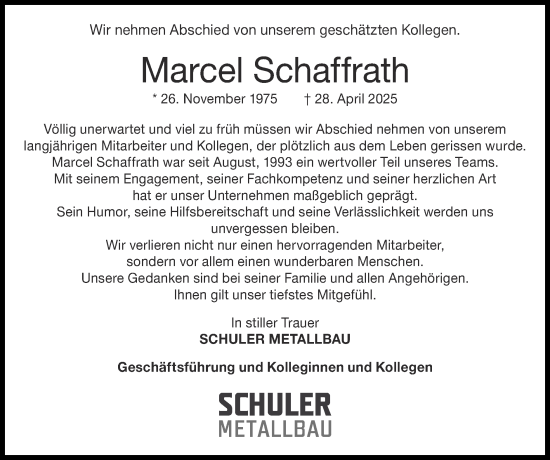 Traueranzeige von Marcel Schaffrath von Zeitung am Sonntag
