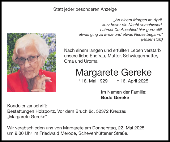 Traueranzeige von Margarete Gereke von Zeitung am Sonntag