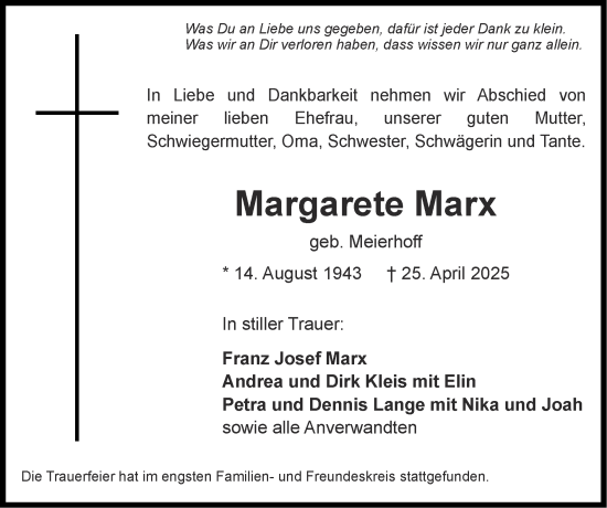 Traueranzeige von Margarete Marx von Zeitung am Sonntag