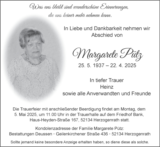 Traueranzeige von Margarete Pütz von Zeitung am Sonntag