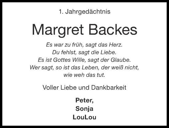 Traueranzeige von Margret Backes von Zeitung am Sonntag