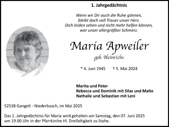 Traueranzeige von Maria Apweiler von Zeitung am Sonntag