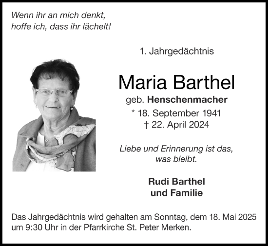 Traueranzeige von Maria Barthel von Zeitung am Sonntag