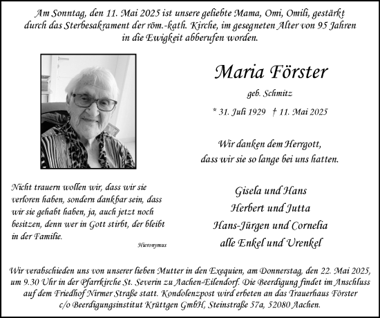 Traueranzeige von Maria Förster von Zeitung am Sonntag