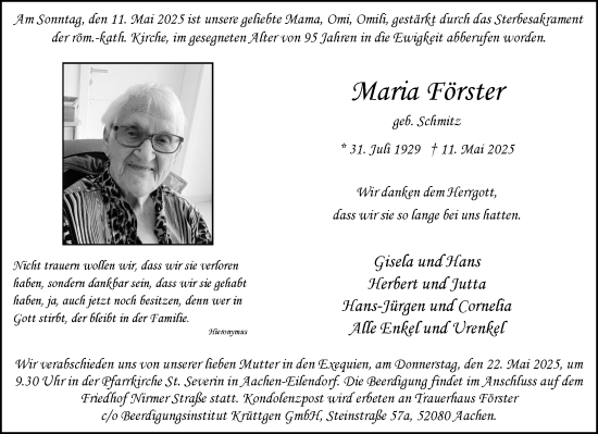Traueranzeige von Maria Förster von Aachener Zeitung