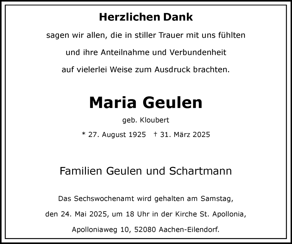  Traueranzeige für Maria Geulen vom 04.05.2025 aus Zeitung am Sonntag
