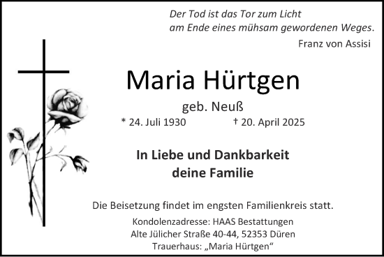 Traueranzeige von Maria Hürtgen von Zeitung am Sonntag